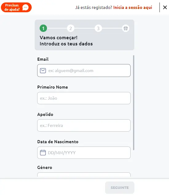 Formulário rápido para criar conta de jogador